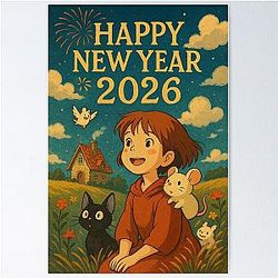 Studio Ghibli 2026 New Year Card with Anime Girl and Animal Friends Poster becomes 
Studio Ghibli 2026 New Year Card with Anime Girl and Animal_friends Poster