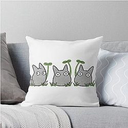 Chibi Totoro with White Totoro & Big Leaves - Studio Ghibli Inspired Throw Pillow