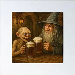 Gollum and Gandalf drinking Beer Poster