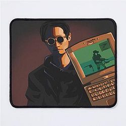 Hideo Kojima holding a computer running Metal Gear Solid 2 mouse pad