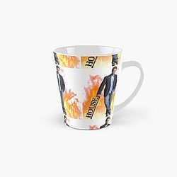 House MD leaning with cane text and flames in background Tall Mug