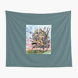 Howls Moving Castle Ink And Watercolor Drawing Tapestry