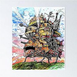 Howl's Moving Castle ink and watercolor drawing Poster