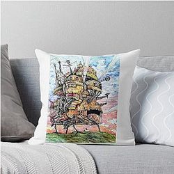 Watercolor and Ink Howl's Castle Throw Pillow