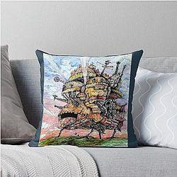 Howls Moving Castle ink and watercolor drawing Throw Pillow