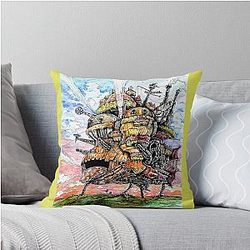 Howl's Moving Castle ink and watercolor drawing Throw Pillow