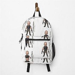 A caricature of Jason Statham with backpack from the Expendables.