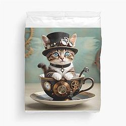 Steampunk Kitty in a Cup Duvet Cover
