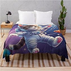 Cute Astronaut Kitty in Space Throw Blanket