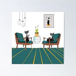 Retro Kitties Sitting in a Mid Mod Blue and Yellow Lounge Poster