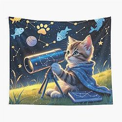 Cute Astrology Kitty Look at the Stars Tapestry