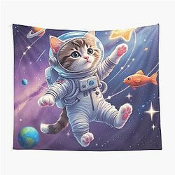 Cute Astronaut Kitty in Space Tapestry