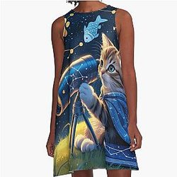 Cute Astrology Kitty Look at the Stars A-Line Dress