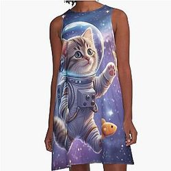 Cute Astronaut Kitty in Space A-Line Dress