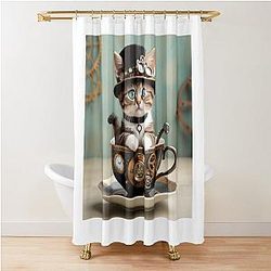 Steampunk Kitty in a Cup Shower Curtain
