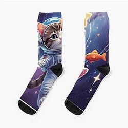 Cute Astronaut Kitty in Space Socks