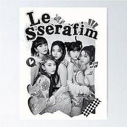 LE SSERAFIM Collage: Bold Black and White Charm Style K Pop Group Members Design T-Shirt Poster