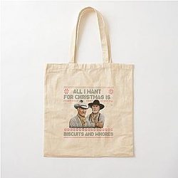 All I Want for Christmas is Biscuits 
Lonesome Dove Movie, 
Funny Western Cowboy Ugly Sweater Cotton Tote Bag