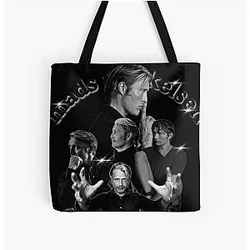 Mads Mikkelsen Black and White All Over Print Tote Bag