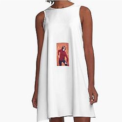 Matthew Gray Gubler in a red shirt pose in a A-line dress.