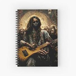 Zombie Jesus plays a Metallica guitar on a spiral notebook