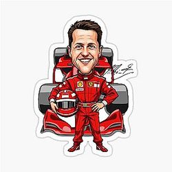 Funny caricature of Michael Schumacher with racing car sticker