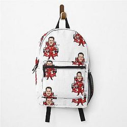 Caricature of Michael Schumacher with a racing car backpack