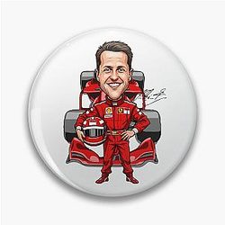 Funny caricature of Michael Schumacher with a racing car pin