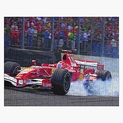 Michael Schumacher blocking a wheel with his 2004 F1 racecar abstract Jigsaw puzzle
