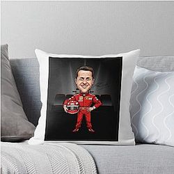 Funny caricature of Michael Schumacher with black racing car Throw Pillow