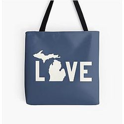 Michigan Love All White Over Print Tote Bag