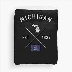 Michigan State Crossed Lines Flag and Year Vintage Distressed Duvet Cover