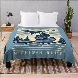 Michigan Blue Serenity Minimalist Line Art Throw Blanket