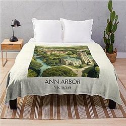 Ann Arbor Michigan Vintage Art U of M Campus Illustration Throw Blanket