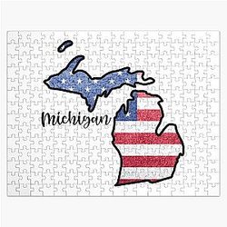 Michigan State Outline with Patriotic USA American Jigsaw Puzzle