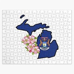 State of Michigan Flag with Apple Blossom Jigsaw Puzzle