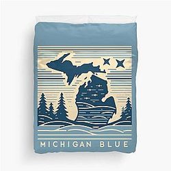 Michigan Blue Serenity Minimalist Line Art Duvet Cover