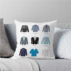 Schitt's Creek Iconic Costumes for David Rose, Stevie Budd, Johnny Rose, Moira Rose, Jocelyn Schitt, Roland Schitt, Ted Mullins, Alexis Rose Throw Pillow