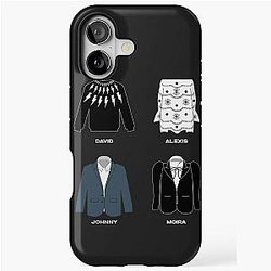 Schitt's Creek Iconic Costumes for David Rose, Johnny and Alexis Saul and Moira Rose. Phone case.