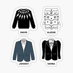 Schitt's Creek Iconic Costumes for David Rose, Johnny, Moira and Alexis Rose.