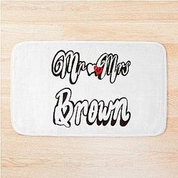 Mr and Mrs Brown Personalised wedding anniversary newly wed Valentine's Day wife husband romantic couple. Love heart bath mat with white cursive text on black background.