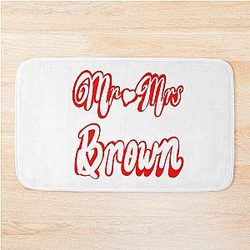Mr and Mrs Brown Personalised for wedding anniversary newly wed wife husband Romantic White cursive text on red background with love heart Bath Mat