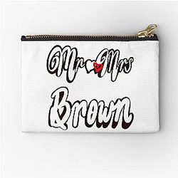Mr Mrs Brown Personalised for wedding anniversary newly wed wife husband couple. Romantic White cursive text on black background with love heart Zipper Pouch