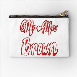 Mr & Mrs Brown Personalised Zipper Pouch with Romantic White cursive text on red background for wedding anniversary, newly wed Valentine’s Day wife husband couple.