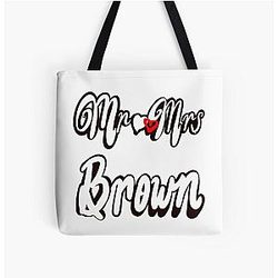 Mr. and Mrs. Brown Personalised Tote Bag with All Over Print of Romantic Love Heart Design on Black Background for Newly Wed Husband and Wife on their Wedding Anniversary Valentine Day.