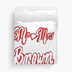 Mr Brown Personalised Wedding Anniversary Valentine’s Day wife husband couple. Romantic White cursive text on red background with love heart Duvet Cover.