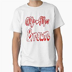 Mr and Mrs Brown Personalised for Wedding Anniversary Newly Wed Couple. Romantic White Cursive Text on Red Background with Love Heart Classic T-Shirt