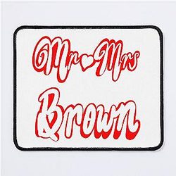Mr Mrs Brown Personalised for Wedding Anniversary Newly Wed Husband Wife Couple Romantic White Cursive Text on Red Background with Love Mouse Pad