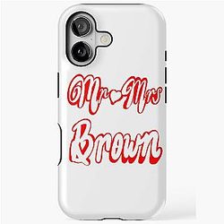 Mr and Mrs Brown Personalised phone case for wedding anniversary newly wed Valentine's Day wife husband couple. Romantic White cursive text on red background with love heart iPhone Tough Case
