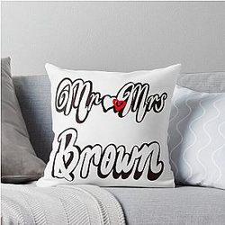 Mr and Mrs Brown Personalised for wedding anniversary newly wed wife husband Romantic White cursive text on black background with love heart Throw Pillow